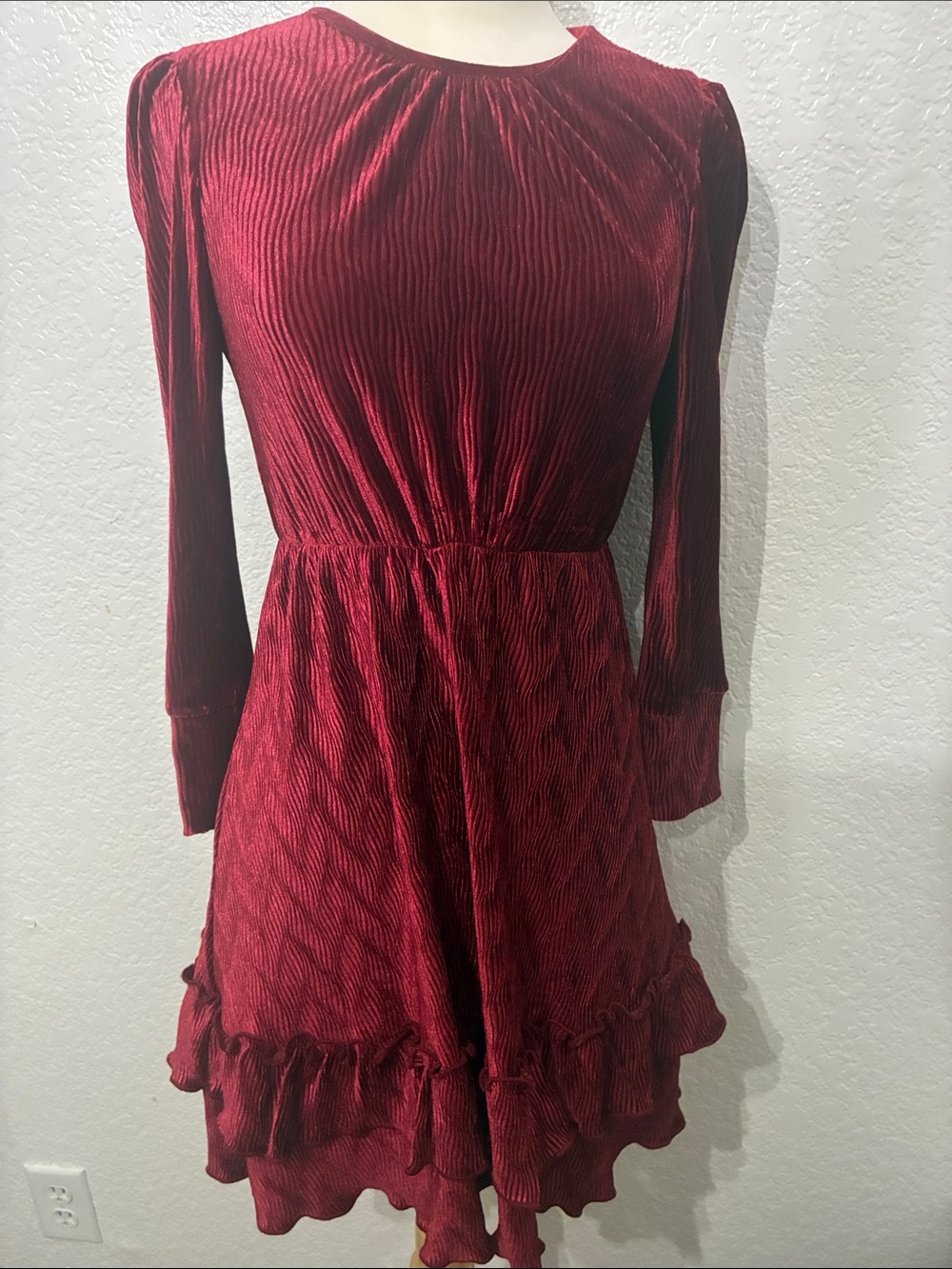Rare Editions Burgundy Velvet Long-Sleeve Ruffle Hem Dress